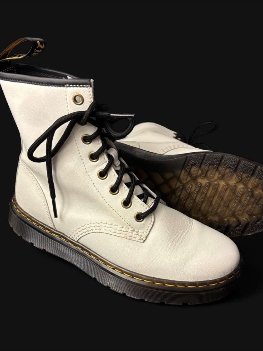 Dr. Martens Zavala White Leather 8-Eye Combat Boots Black Lace Women’s 8